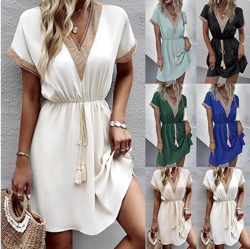 ID:21649 - Solid color short-sleeved lace V-neck waist dress